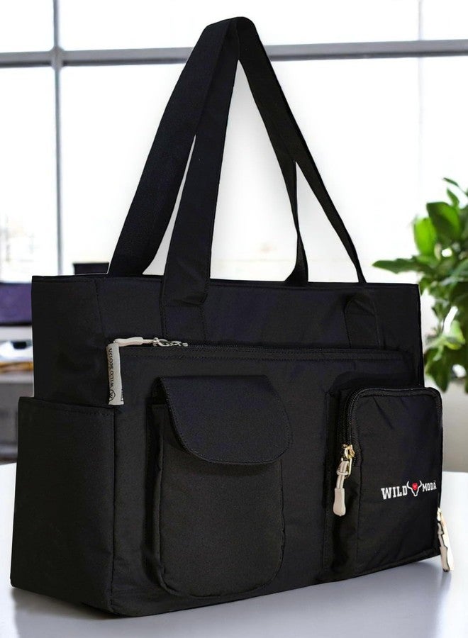 WILD MODA Womens Classic Polyester Double Pocket Shoulder Bag (Black) - Image 2